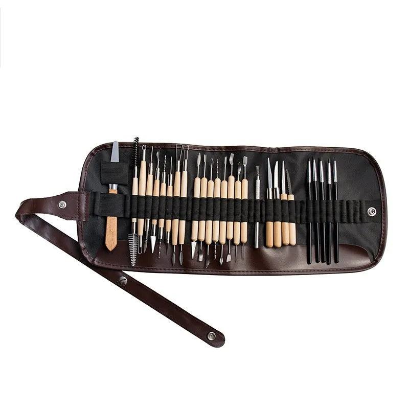 Brown pottery clay tool set with 27 stainless steel, wood and plastic sculpting tools in storage bag