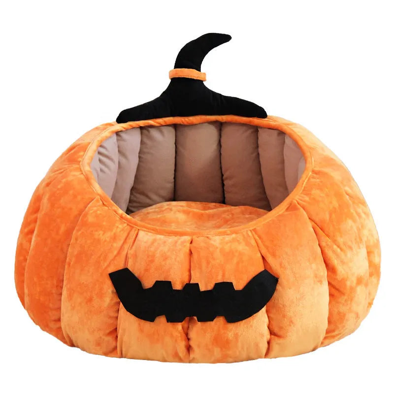 Orange and black pumpkin-shaped pet nest for cats with soft cloth fabric