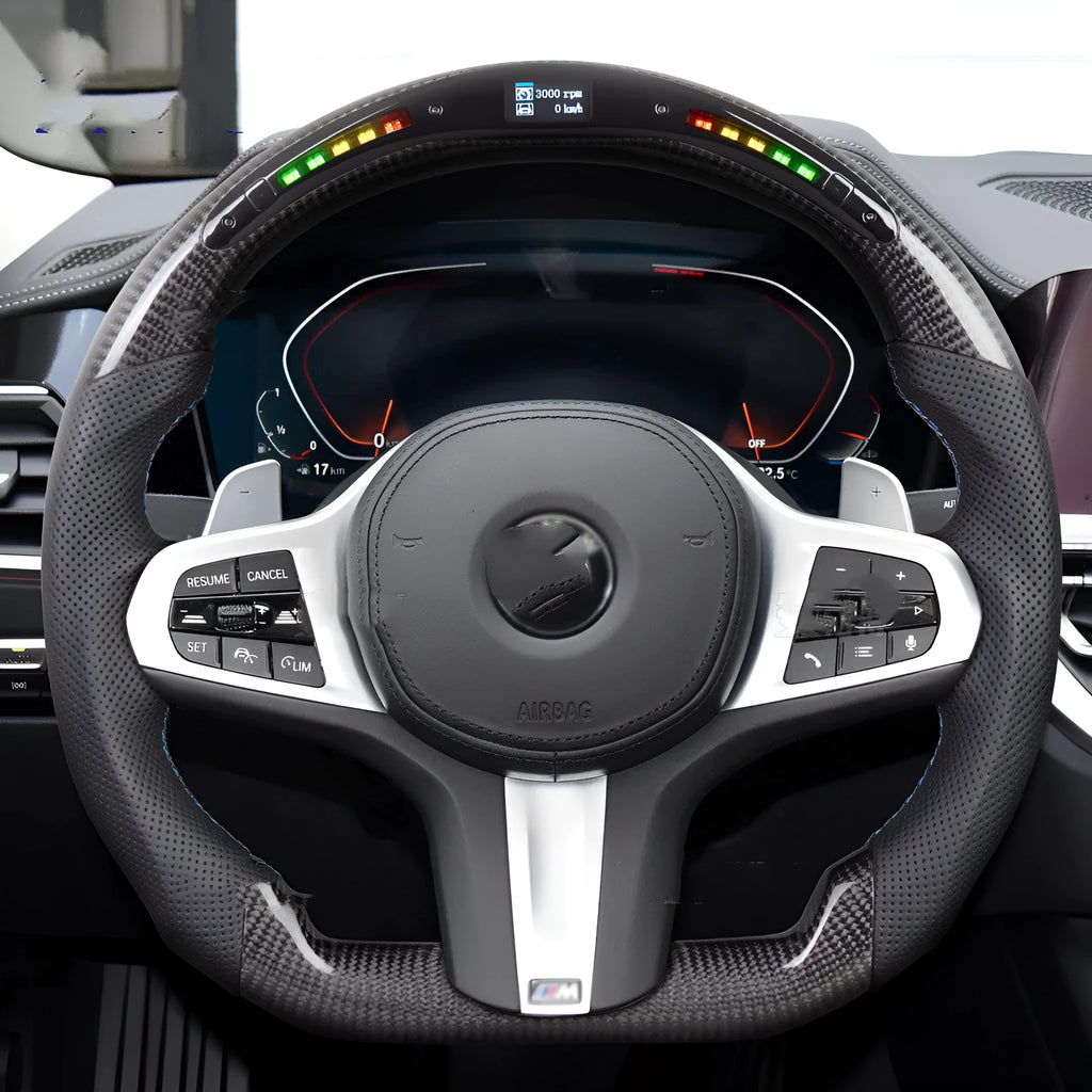 Black carbon fibre steering wheel for BMW with LED display and multifunction buttons