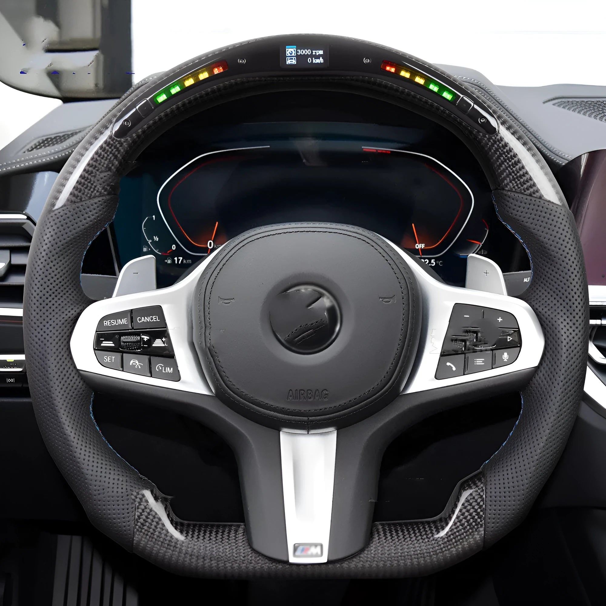 Black carbon fibre steering wheel for BMW with LED display and multifunction buttons