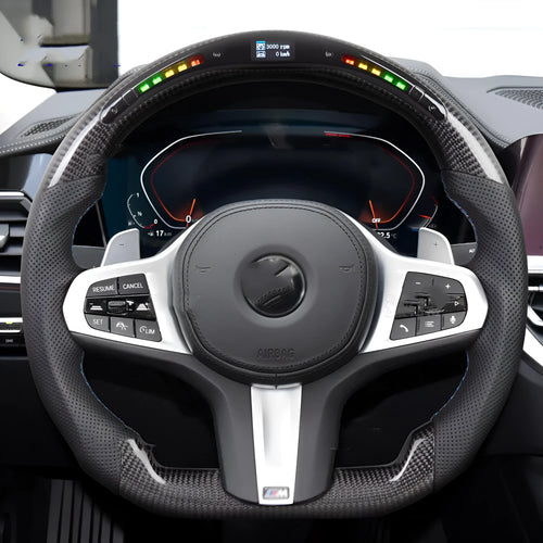 Black carbon fibre steering wheel for BMW with LED display and multifunction buttons