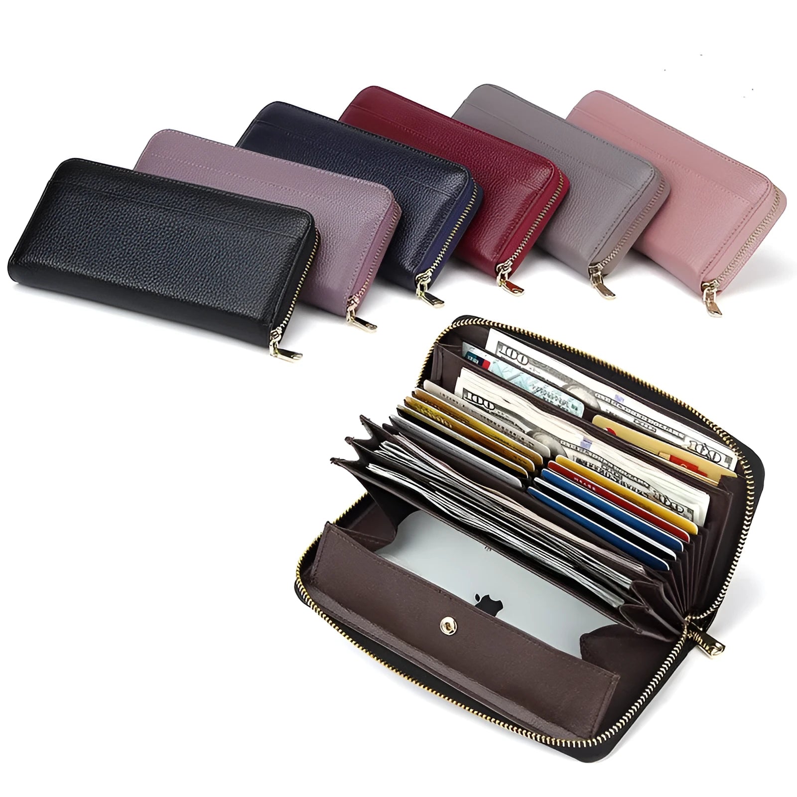 Women's long genuine leather bifold wallet in multiple colours, showing large capacity and card slots.
