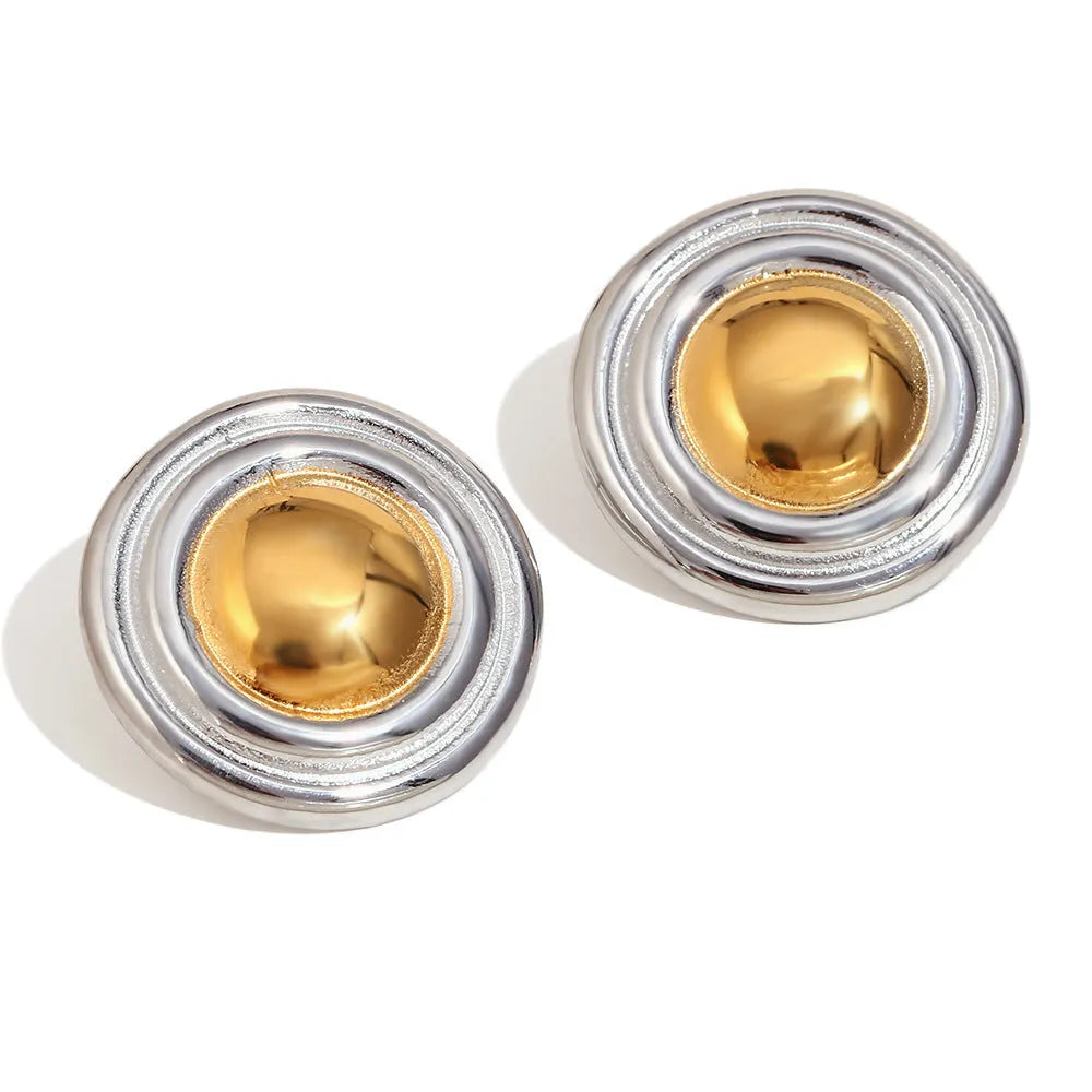 Gold geometric stainless steel jewellery set for women, showing earrings, necklace, and bracelet with electroplated finish.