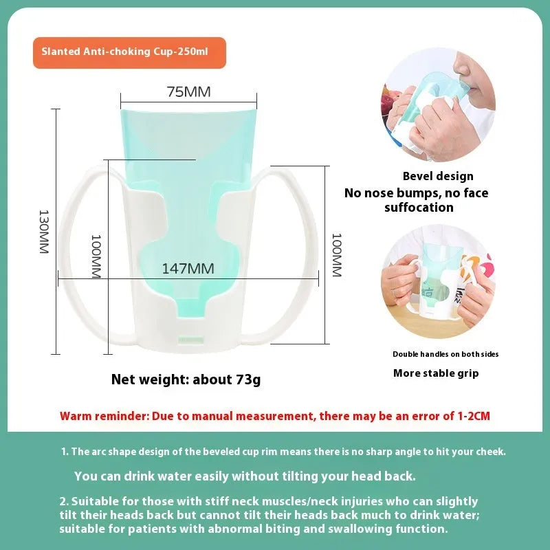 Oblique mouth choke-proof plastic drinking cup with handle and lid for elderly and pregnant adults.