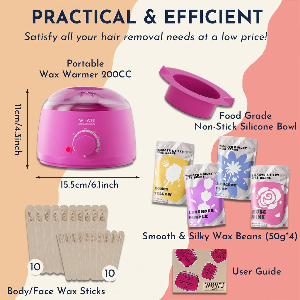 27-piece home waxing kit with digital heater, four coloured wax bead pots, and applicator sticks on a pink background.
