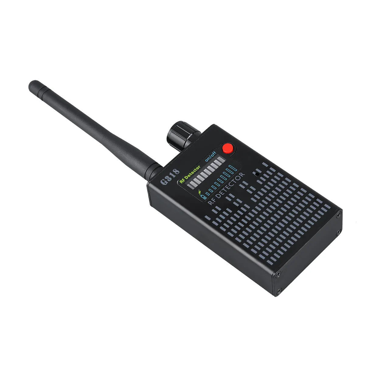 Black G318 aluminium alloy hidden camera detector with compact dimensions for portable privacy checks