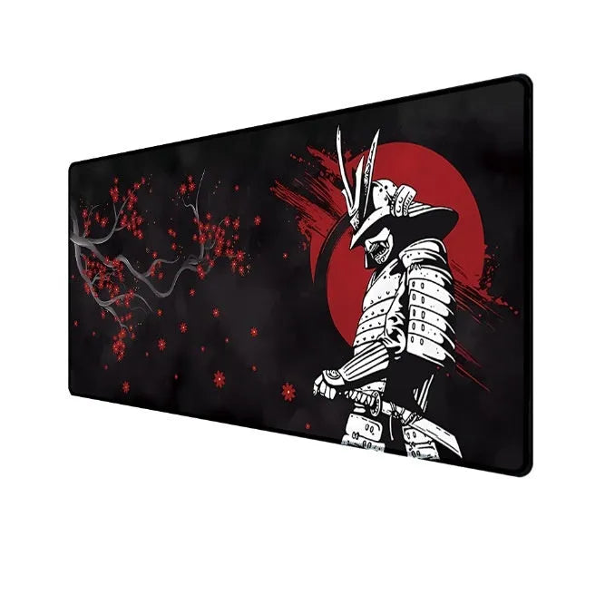 Japanese samurai pattern gaming mouse pad on desk with computer mouse