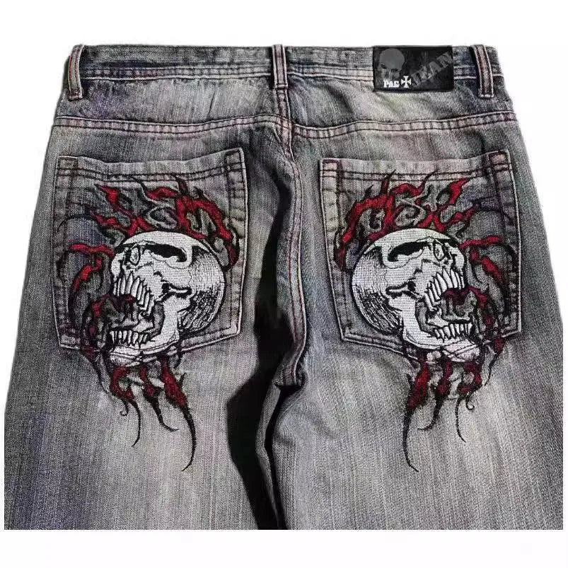 Men's grey washed-out American retro denim jeans with wide-leg workwear design and straight-leg cut