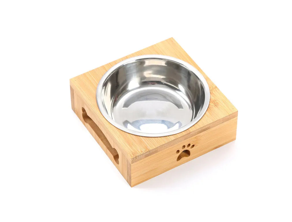 Solid wood pet dining table with stainless steel bowls in elevated feeding station design