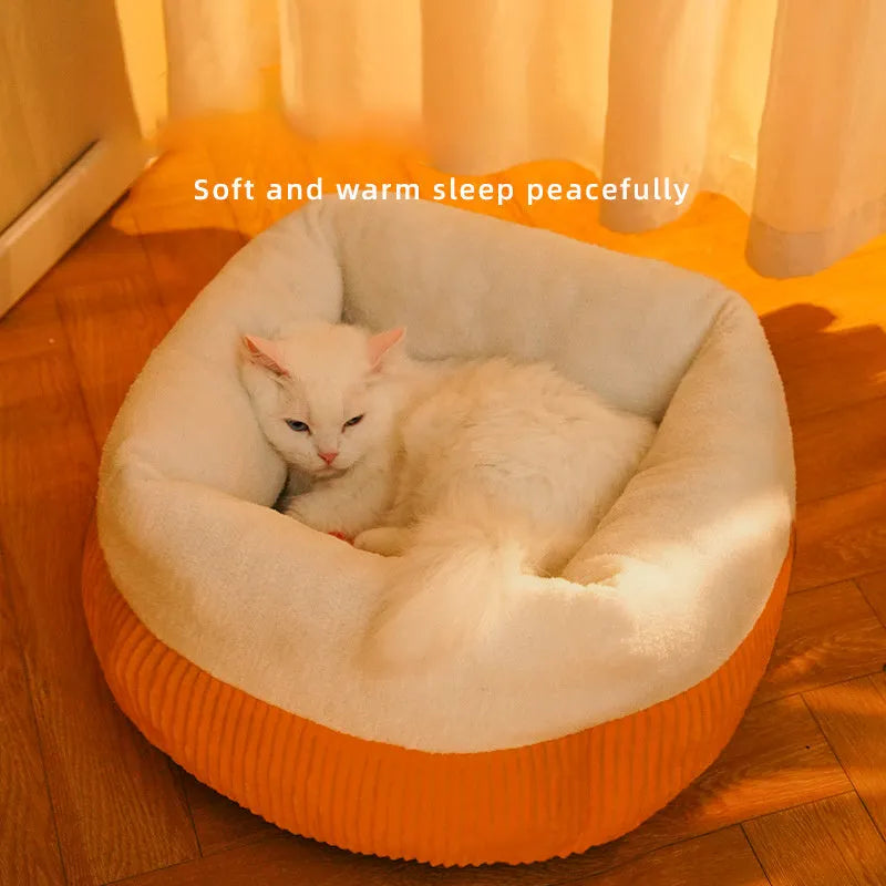 Washable circular cat sofa bed in yellow with plush fabric and non-slip base for calming sleep