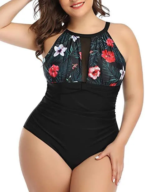 Women's black lace one-piece swimsuit with European and American sizing on mannequin