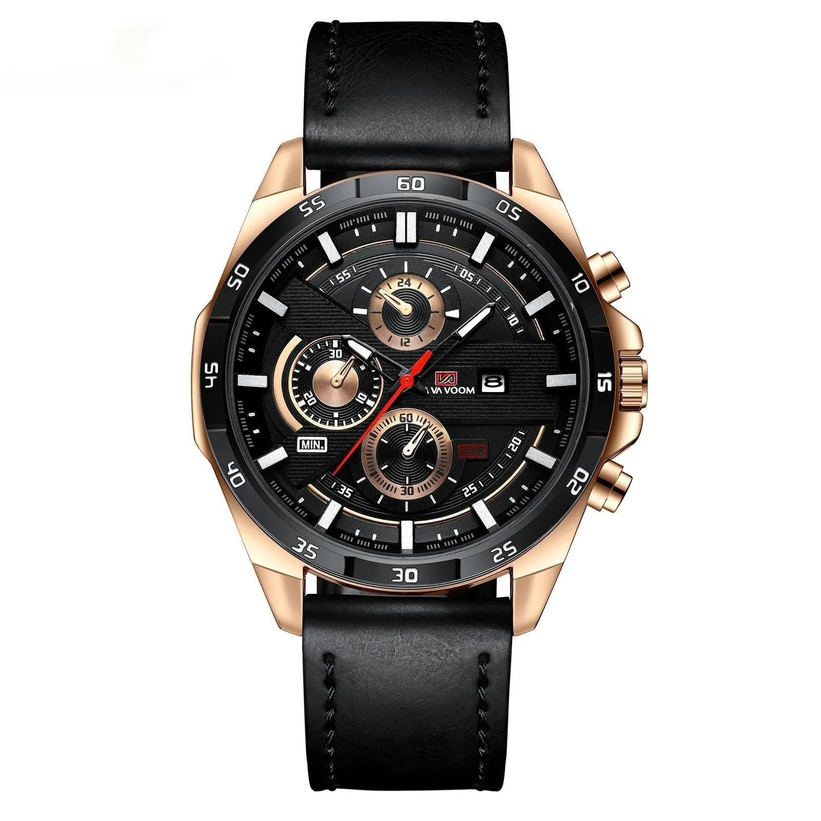 Men's casual quartz watch with business calendar, waterproof, in rose gold and black leather strap.
