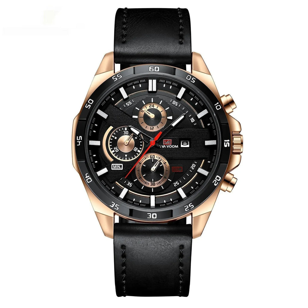 Men's casual quartz watch with business calendar on dial, showing black leather strap and rose gold case option.