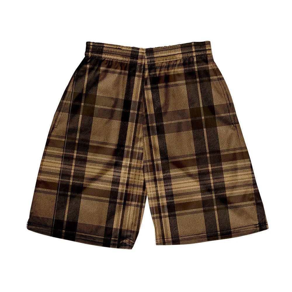 Man wearing straight-leg plaid shorts with an elastic waistband on a beach, showing one of twenty available colour variations.