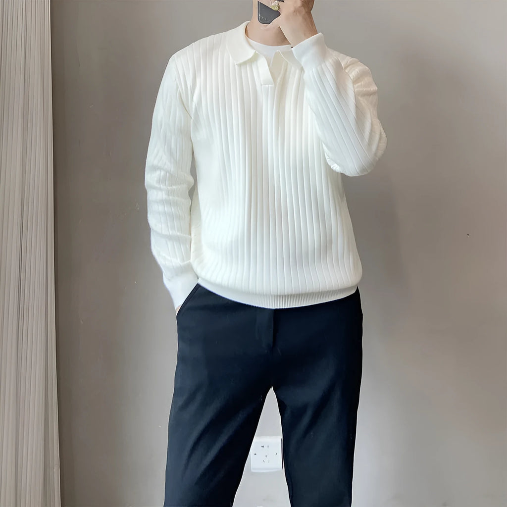 Boys' loose fit striped lapel knitted sweater in modal fabric with long sleeves