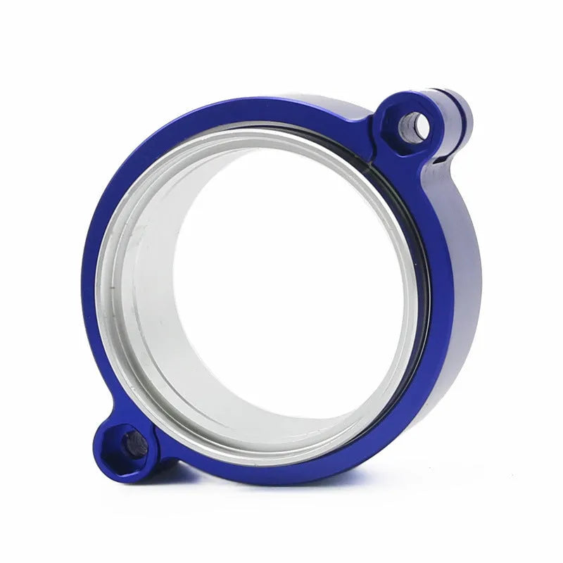 Aluminium high-pressure clamp for turbocharger exhaust pipe in black, blue, or red.