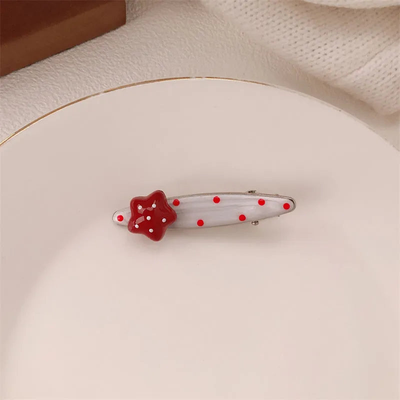 Red stereo love heart-shaped hairpin with French retro dots and willow leaf design