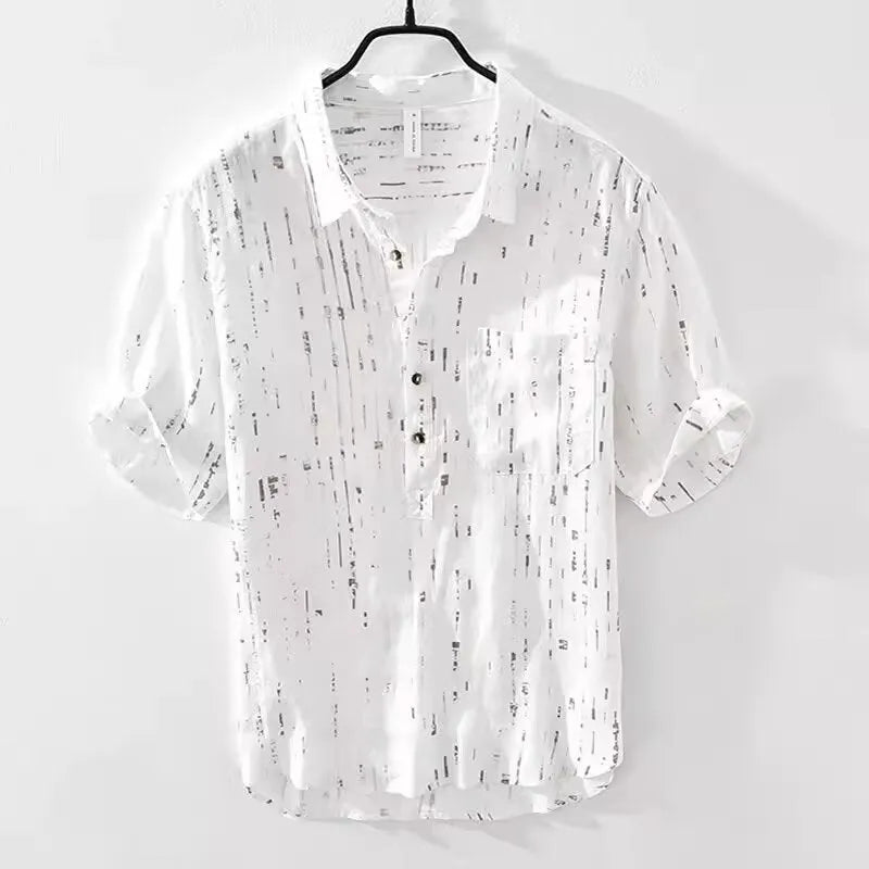 Men's loose fit black lapel polo shirt on a hanger, short sleeves, casual style.