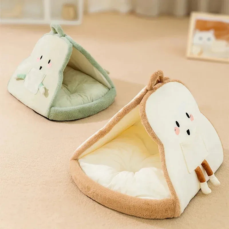 Green winter cat tent pet bed with a removable blanket inside, shown next to a yellow version.