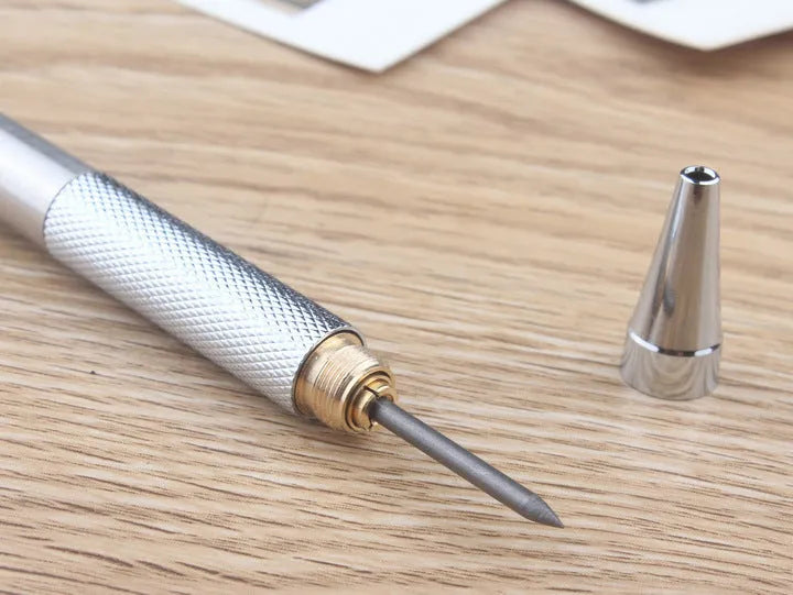 Metal automatic mechanical pencil showing lead size options from 0.3mm to 3.0mm for writing and drafting