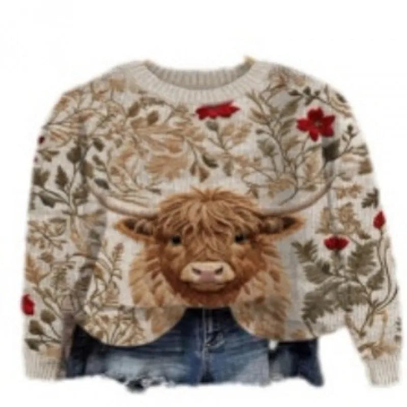 Women's little flower digital printed round neck long sleeve knitted sweater on a hanger.