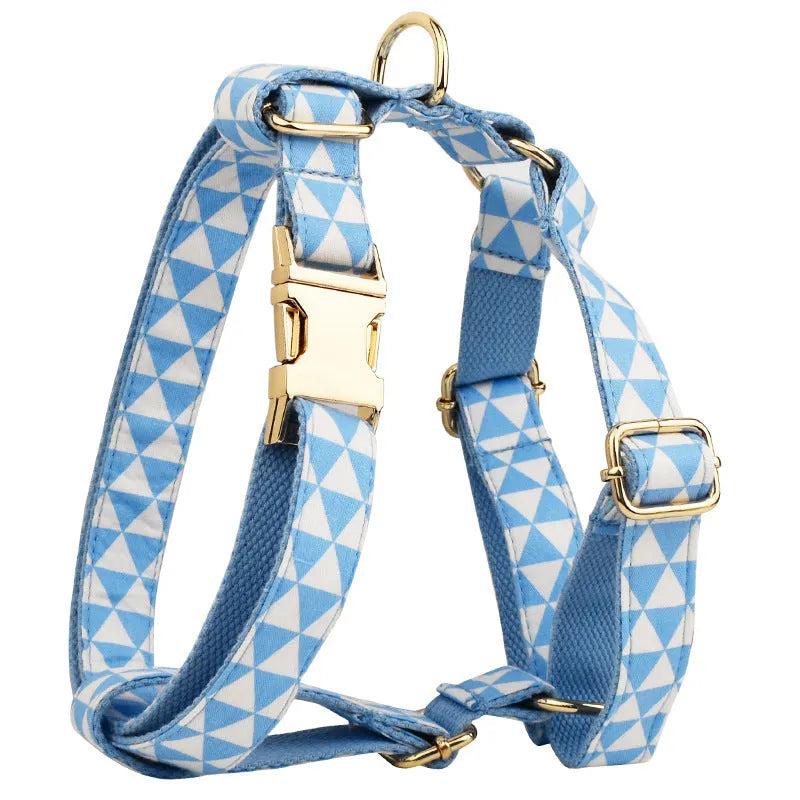 Blue cloth four-piece pet dog set showing collar, leash, bow tie and vest