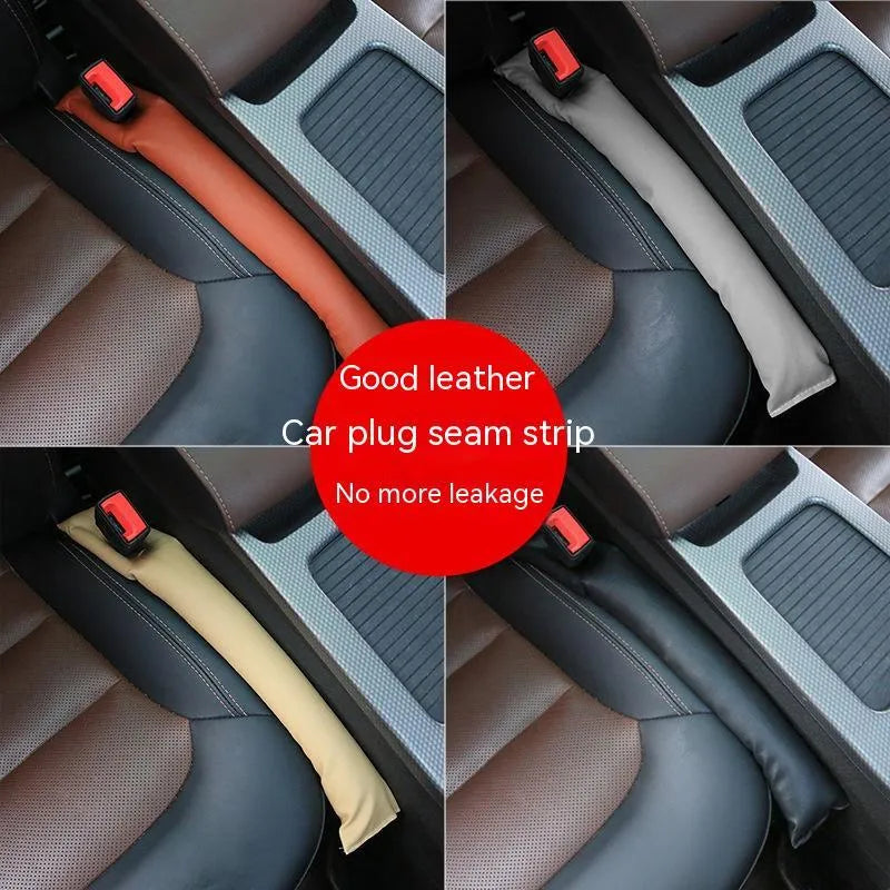 Leather-look PU car seat gap filler strip in black, beige, brown, and grey colours.