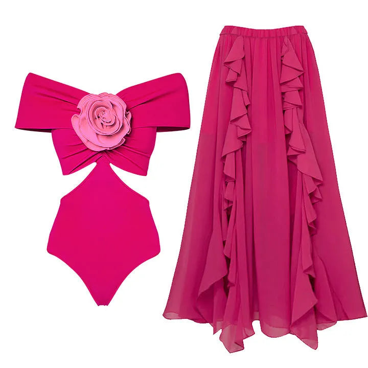 Women's floral hollow-out patterned one-piece swimsuit with optional matching skirt on a hanger.