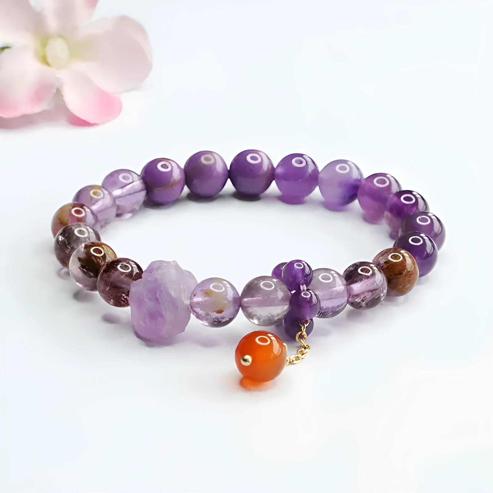 Natural purple amethyst crystal bracelet with red agate stones and adjustable Mori style design
