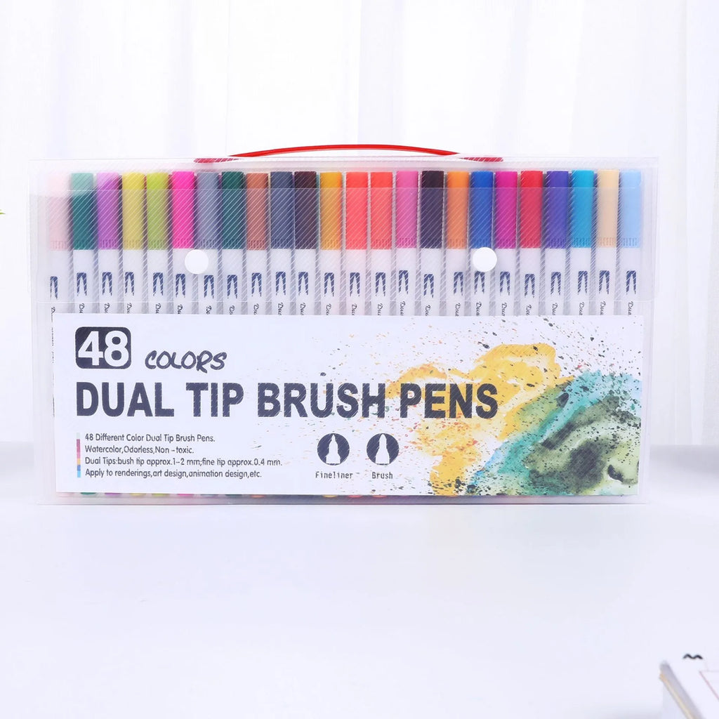 Set of watercolour pens in a case showing multiple vibrant colours for artistic use.