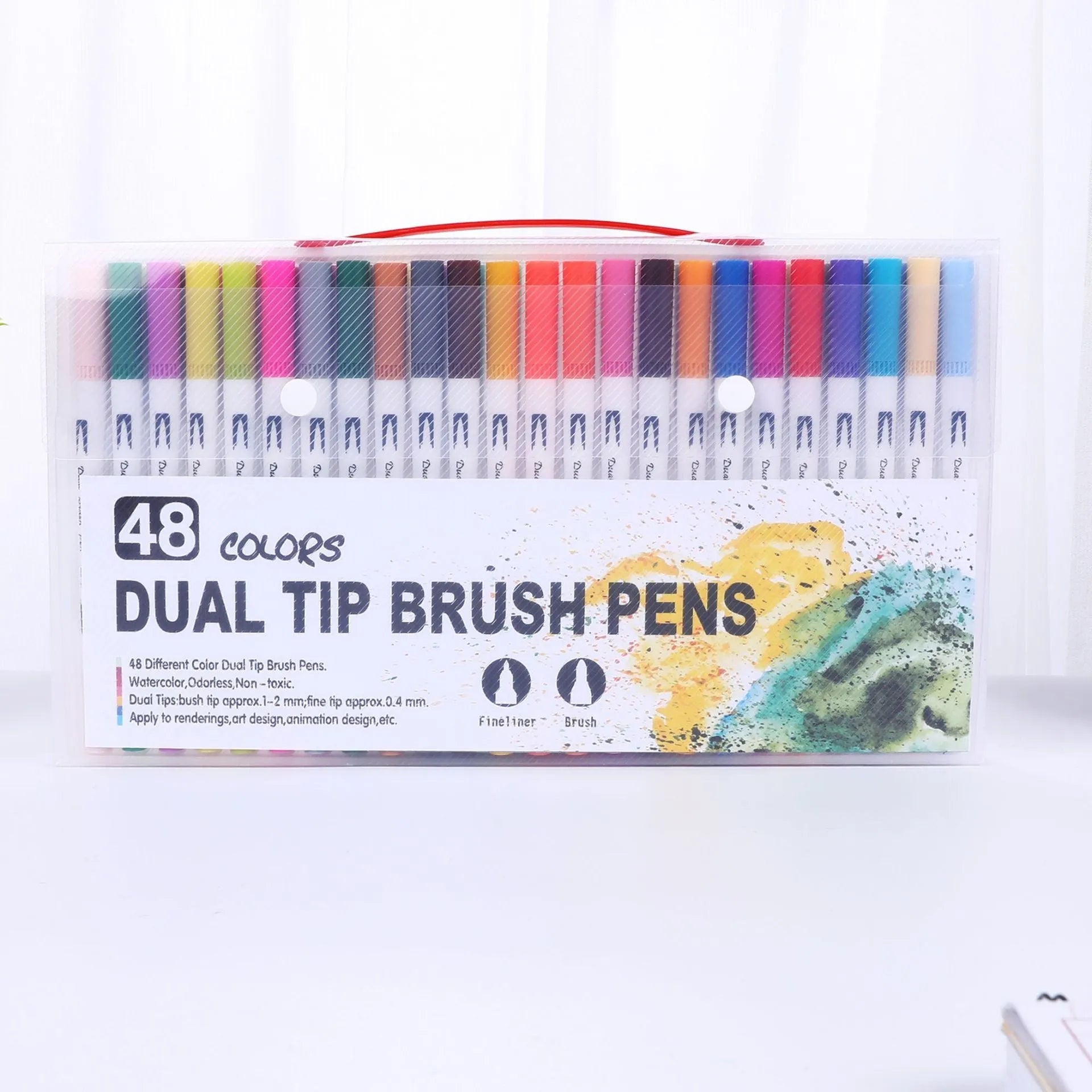 Set of watercolour pens in a case showing multiple vibrant colours for artistic use.
