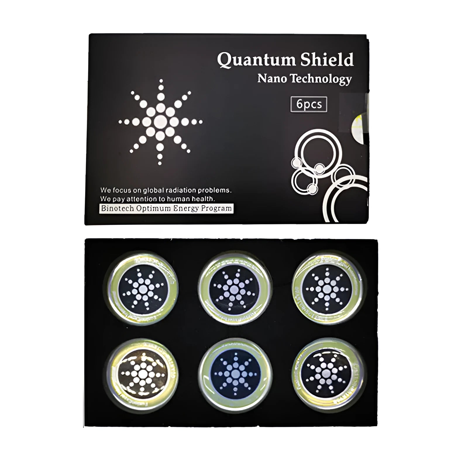 Six anti-radiation mobile phone stickers in gold and silver colours with negative ion energy