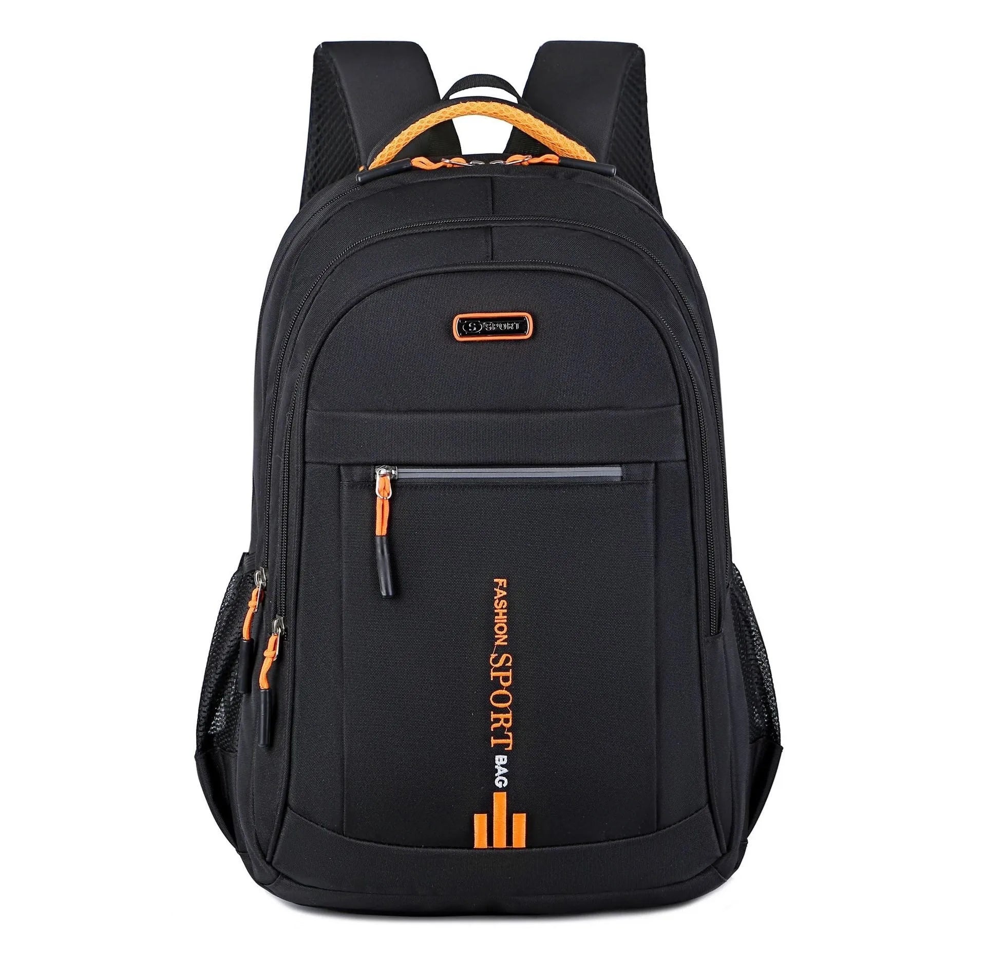 Blue business travel backpack with airpillow straps and sewing line detail on Oxford cloth.