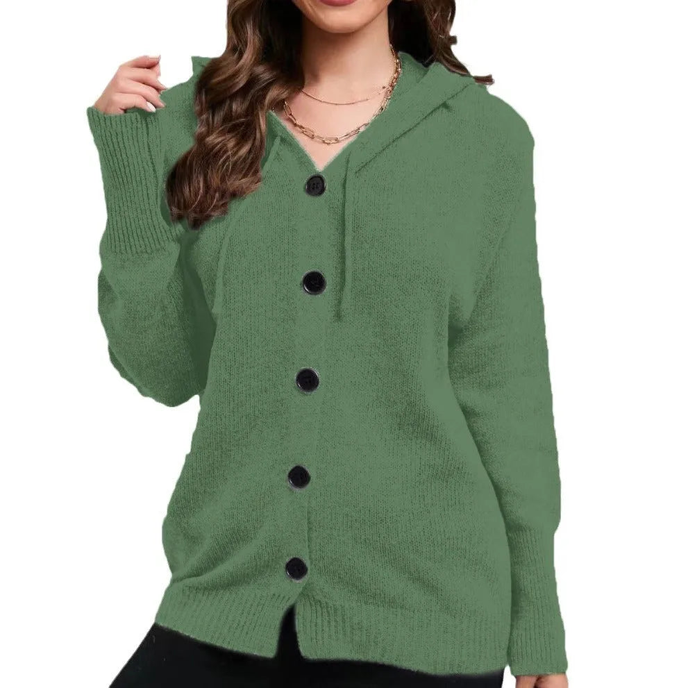 Women's thick cotton hooded cardigan sweater in a solid colour, shown with a loose fit and long sleeves.