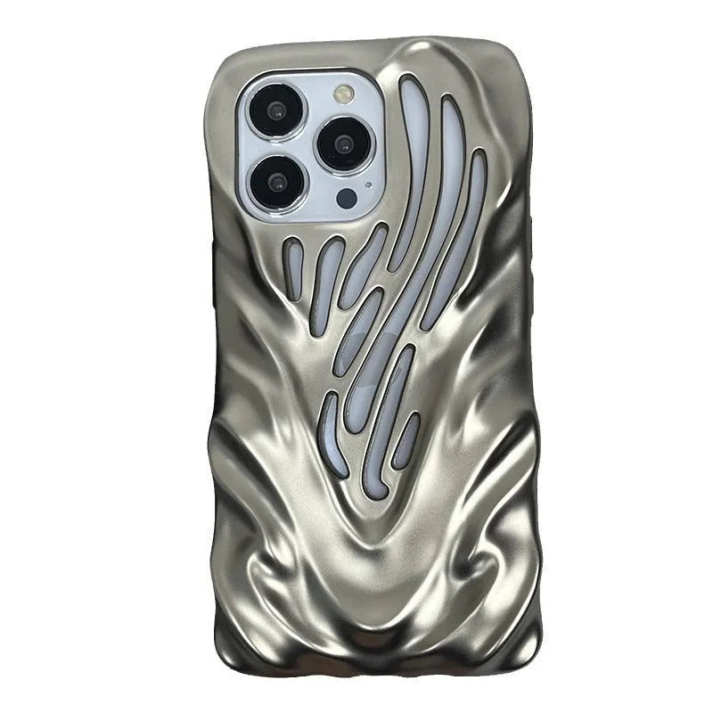 Matte titanium gray TPU phone case with three-dimensional hollow wave pattern and electroplating finish