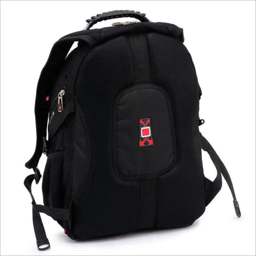 Black business computer backpack showing three compartments and laptop storage