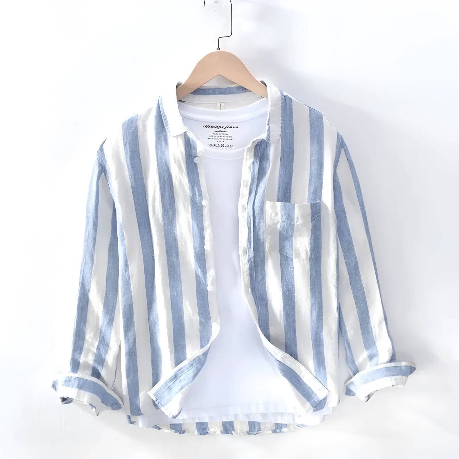 Men's long sleeve blue Hong Kong style loose fit shirt with thin fleece lining.