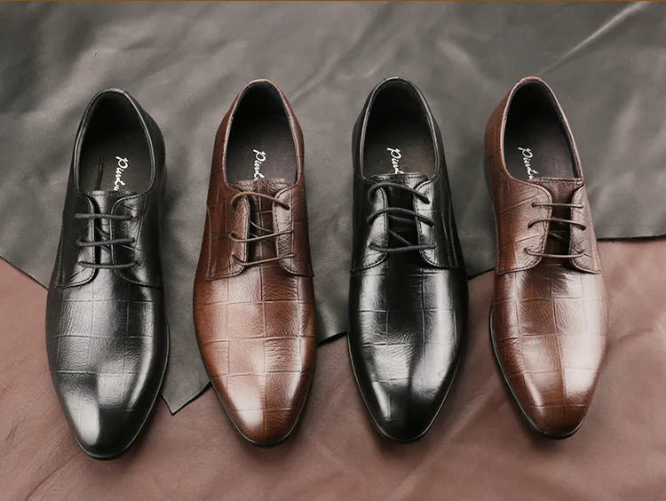 Men's black leather derby shoes with checkered pattern and pointed toe design on rubber soles