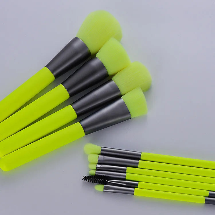 10 piece professional fluorescent green makeup brush set with synthetic fibre bristles and wooden handles