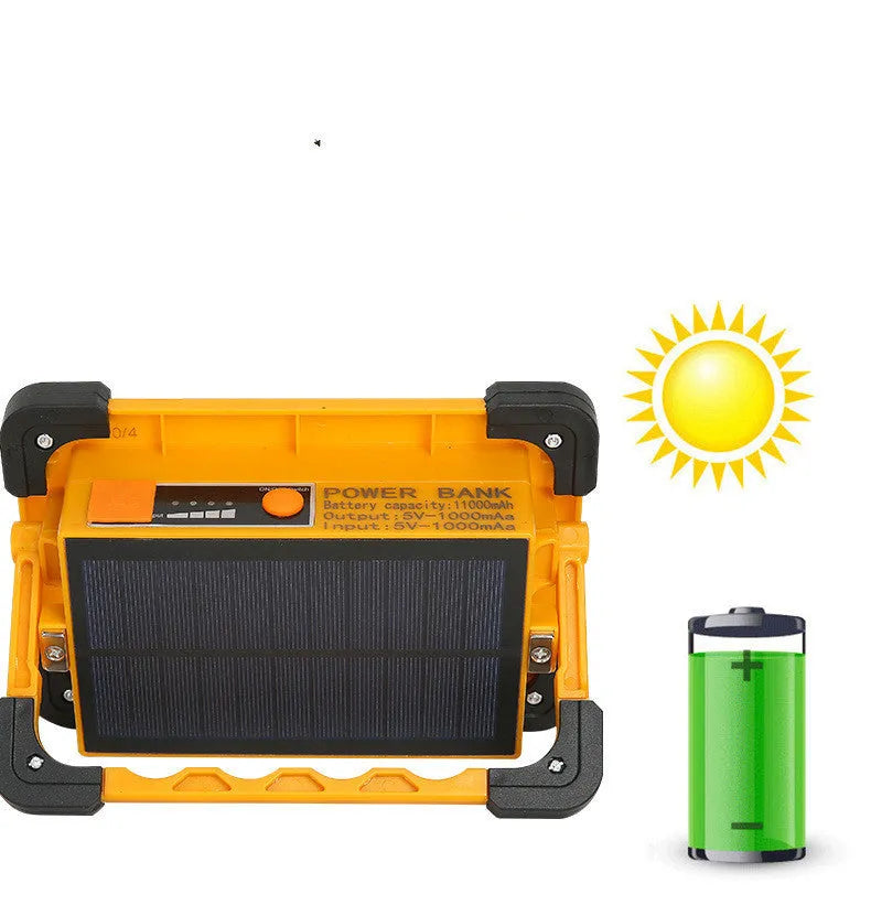 Yellow outdoor portable solar LED light with power bank and magnetic base, 36LED lamp beads model 5730, sitting on a metal surface