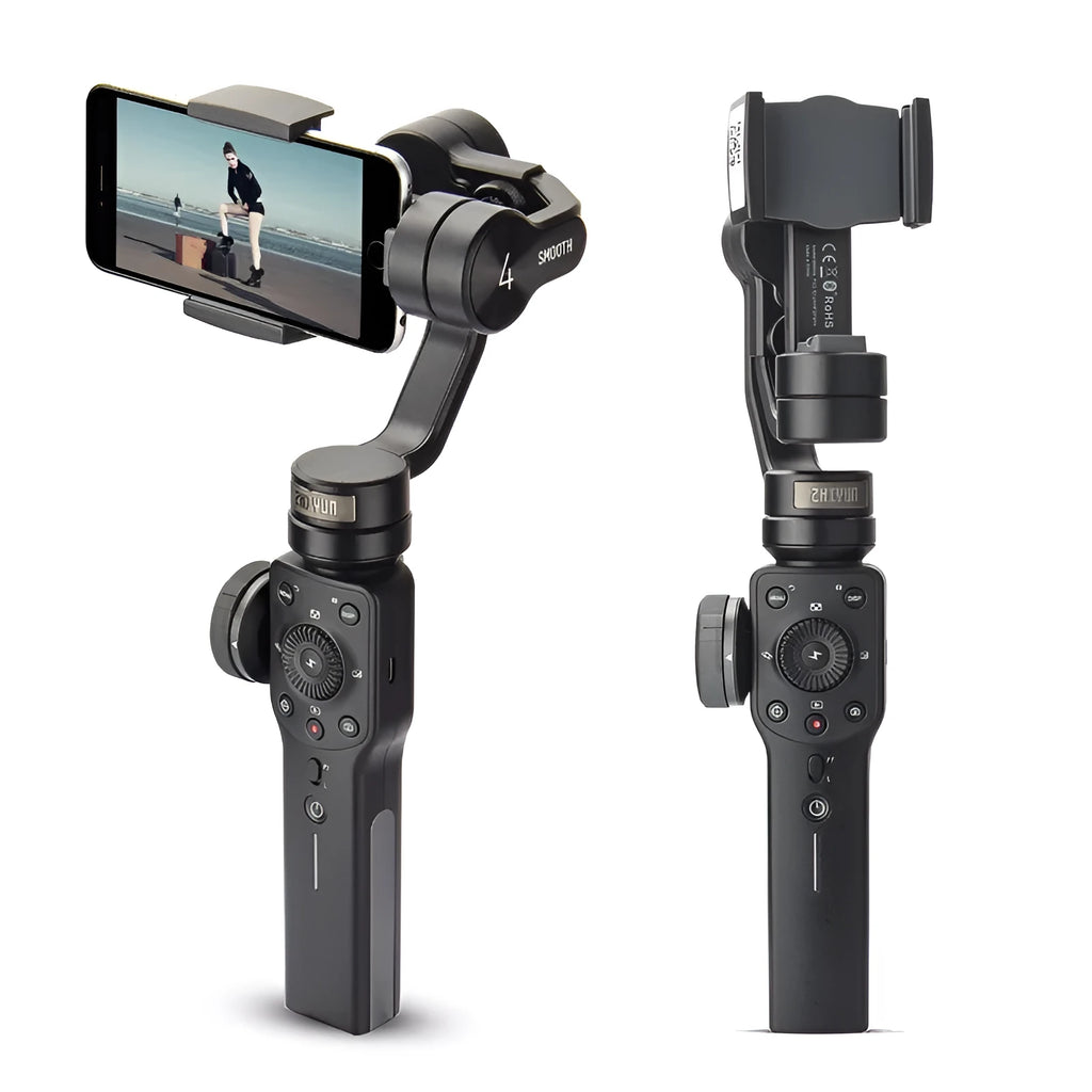Black handheld smartphone gimbal stabilizer on a table