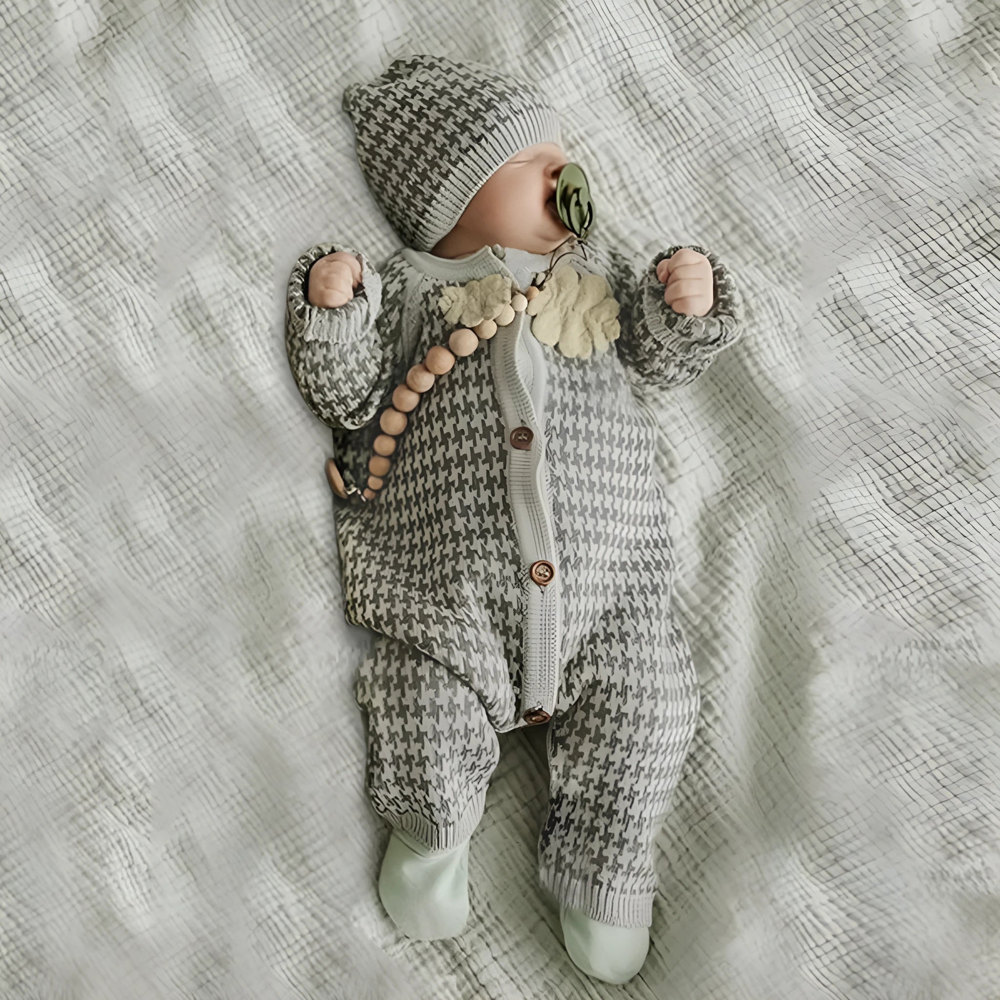 Green autumn knitted cotton sweater for baby with long sleeves and round neck