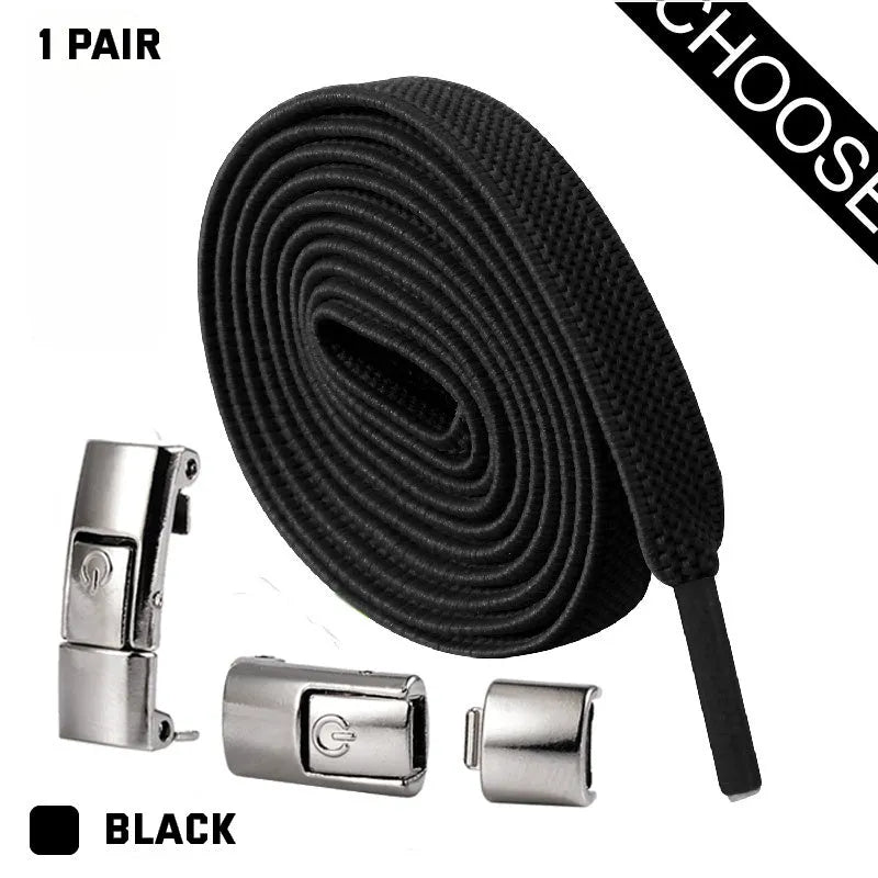 Set of press lock elastic no-tie shoelaces in 8mm widened flat design on a white background.