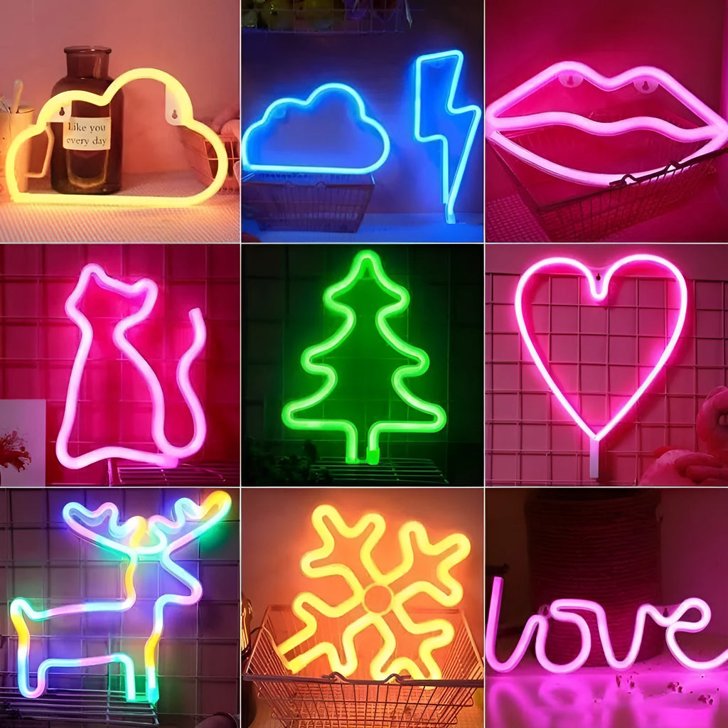 Pink lips-shaped neon light sign on wall with USB cable and battery backup