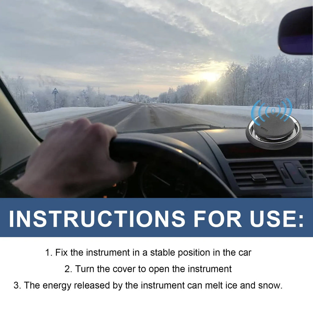 Black portable car deicing and snow melting instrument on a windscreen.