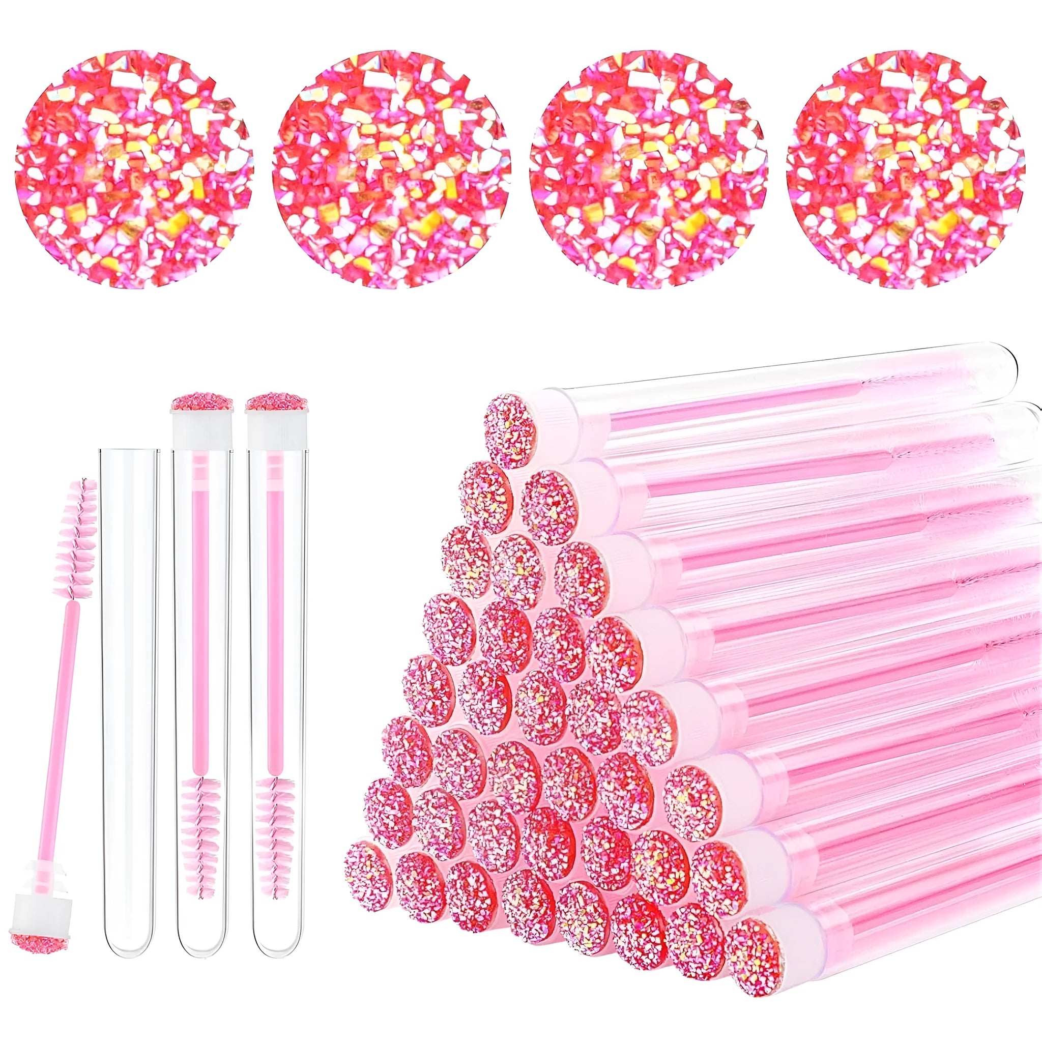 Set of coloured disposable mascara brushes inside clear plastic storage tubes on a white background.