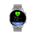 Round smartwatch with aluminium alloy case on wrist, showing touch screen displaying time and heart rate.