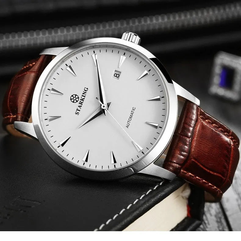 Starking Star Watch automatic men's mechanical watch with light brown leather strap on wrist