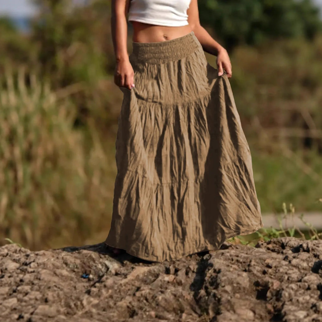 Women's beige waist smocking mid-length retro skirt with folding details