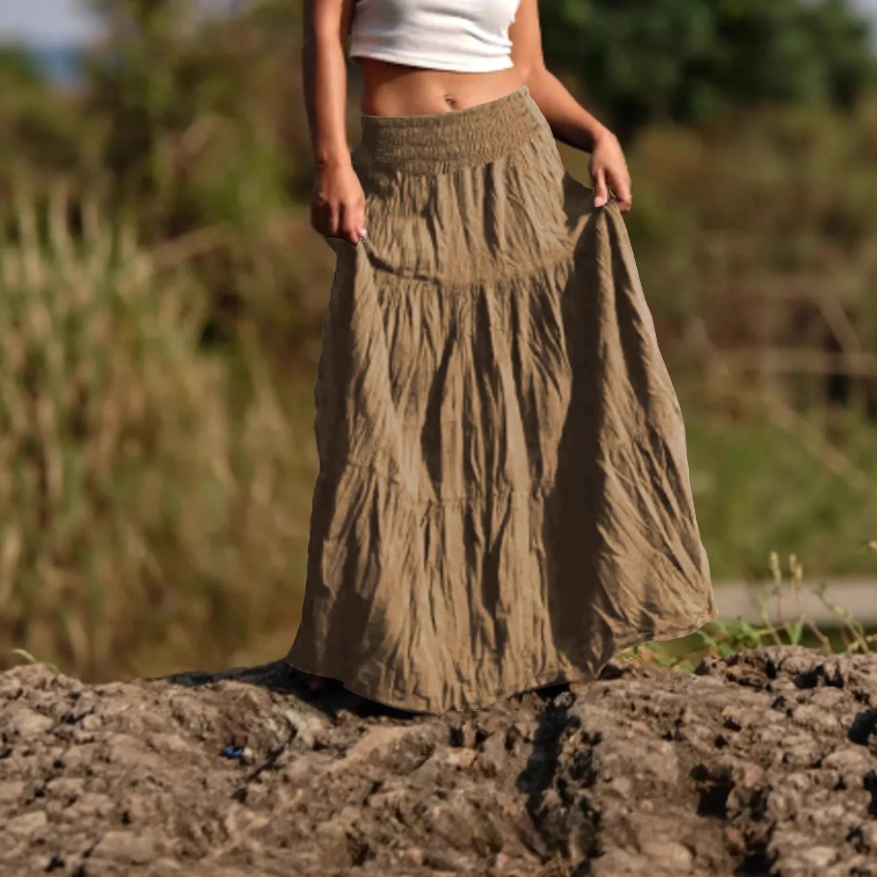 Women's beige waist smocking mid-length retro skirt with folding details